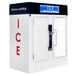 A white rectangular Leer ice vending machine with blue doors and a sign that says ice.