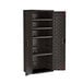 A dark gray metal storage cabinet with shelves.