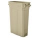 A tan plastic Suncast trash can with a lid.