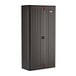 A dark gray Suncast storage cabinet with two doors.