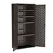A dark gray Suncast metal storage cabinet with shelves.