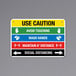 A multi-color aluminum sign with text and symbols that says "Use Caution / Avoid Touching"