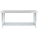 A white rectangular Regency stainless steel work table with a shelf and metal legs.