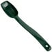 A Carlisle forest green plastic spoon with a hole in the handle.