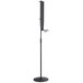 A black metal floor stand with a steel base plate holding a black Lavex soap/sanitizer dispenser.