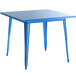 A blue square Lancaster Table & Seating outdoor table with metal legs.