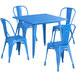 A blue rectangular Lancaster Table & Seating outdoor table and four chairs.