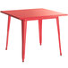A red square Lancaster Table & Seating outdoor table with legs.