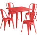 A red square Lancaster Table & Seating outdoor dining table with four red metal chairs.