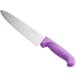 A Choice chef knife with a purple handle.