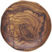 An Elite Global Solutions round wooden plate with a brown wood grain pattern.