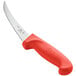 A Choice curved boning knife with a red handle.