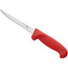 A Choice narrow stiff boning knife with a red handle.