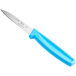 A Choice serrated paring knife with a neon blue handle.