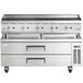 A Cooking Performance Group stainless steel chef base with a large gas charbroiler above and two refrigerated drawers.