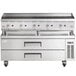 A Cooking Performance Group stainless steel chef base with a large grill and two drawers.