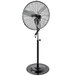 A black TPI industrial pedestal fan on a stand.
