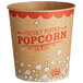 A brown and red Carnival King Kraft paper bucket with white and red text reading "Freshly Popped Popcorn"