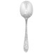 A Oneida Ivy Flourish stainless steel bouillon spoon with a design on the handle.