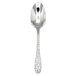 A silver Oneida Ivy Flourish soup/dessert spoon with a floral pattern.