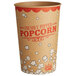 A brown and red Carnival King paper popcorn bucket with white and red text that says "Freshly Popped Popcorn" on it.