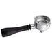 A stainless steel Estella Caffe pod portafilter with a black handle.