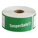 A roll of green TamperSafe labels with white accents.