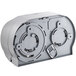 A grey rectangular San Jamar Summit double roll toilet tissue dispenser with two circular holes.