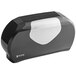 A black and silver San Jamar double roll toilet tissue dispenser.