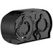 A black plastic San Jamar double roll toilet tissue dispenser with two round holes.