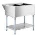 A stainless steel ServIt liquid propane steam table with an undershelf and two open wells.