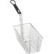 A stainless steel fryer basket with a front hook handle.