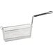 A 13 1/4" x 4 1/8" x 5 3/8" wire triple fryer basket with front hook.