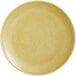 A close up of a yellow RAK Porcelain Genesis flat porcelain coupe plate.