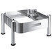 A silver square stainless steel buffet stand with black legs.