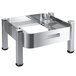 A silver rectangular stainless steel buffet stand with black legs.
