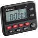 A small black and red San Jamar Escali digital kitchen timer with clock.