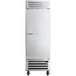 A stainless steel Beverage-Air reach-in freezer on wheels.