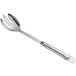 A stainless steel salad serving spoon with a notched handle.