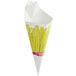 A white paper cone with yellow french fries in it.