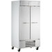 A white Beverage-Air two section reach-in freezer with silver handles on wheels.