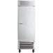 A stainless steel Beverage-Air reach-in refrigerator with wheels.