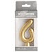 A packaged gold 3" "6" birthday candle with a curved shape.