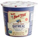 A blue and white Bob's Red Mill gluten-free oatmeal container.