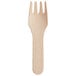 A close-up of a TreeVive by EcoChoice wooden tasting fork with a handle.