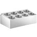 A white container with stainless steel flatware organizers inside.