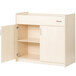A natural maple wood baby changing cabinet with open doors.