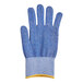 A blue Mercer Culinary Millennia Fit Level A4 cut-resistant glove with yellow stripes.