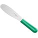 A Choice stainless steel sandwich spreader with a green handle.