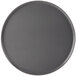 A close-up of a Chicago Metallic pre-seasoned aluminum pizza pan with a black rim.